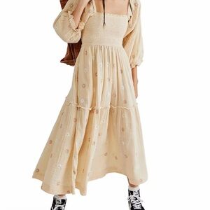 Chic Beige Floral Long Sleeve Dress